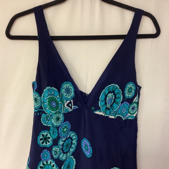 Julie Brown silk women SZ 2 navy & turquoise abstract print babydoll mini v-neck - Picture 2 of 9